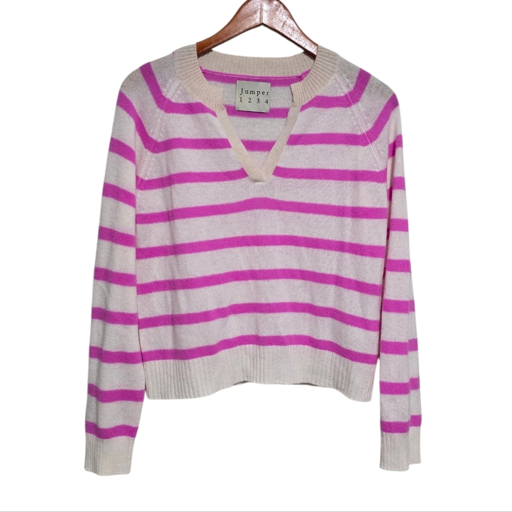 Jumper 1234 V-Neck Cashmere Sweater in Neon Pink Stripe Size Small